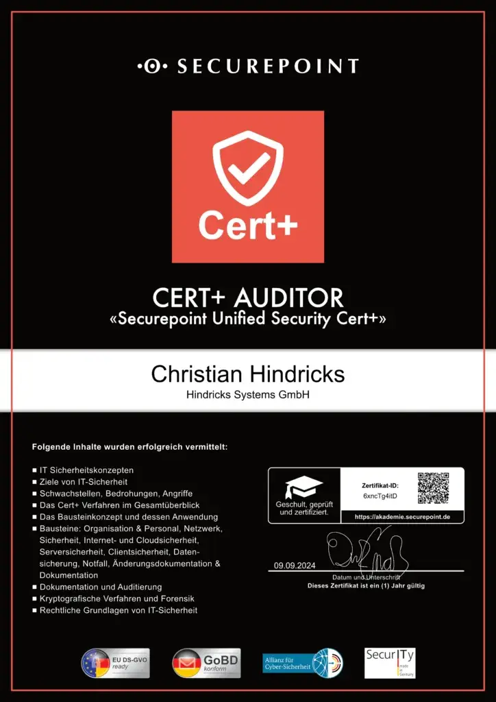 Securepoint Partnerzertifikat Cert+ Auditor 2024